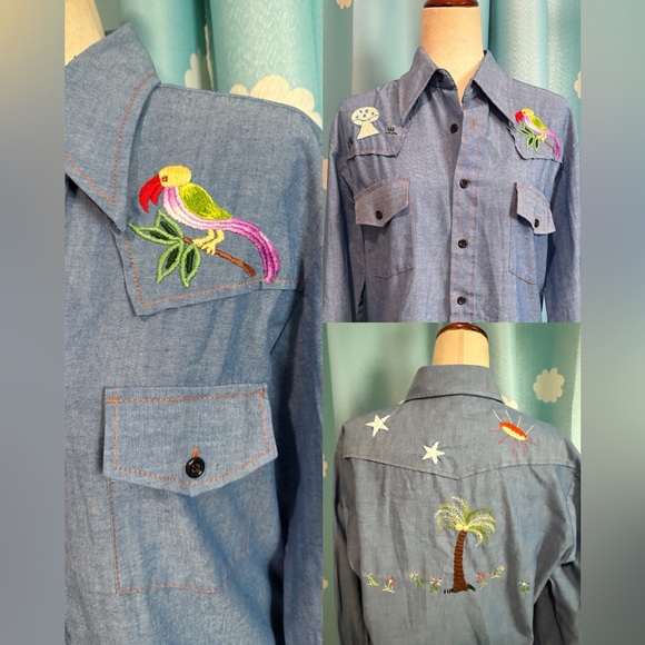 Vintage hand embroidered denim western shirt. Parrot, mushroom, tree, stars, L - Picture 3 of 8